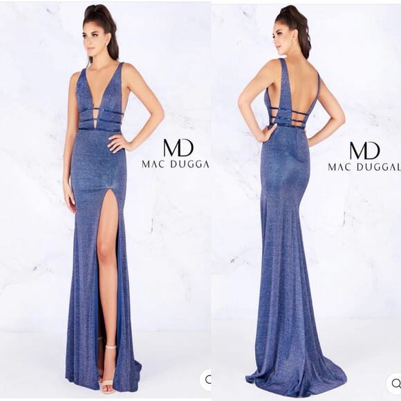 Mac Duggal Metallic Plunge Open Back Jewel Long Sparkle Gown Dress Prom Glamour - Picture 1 of 4